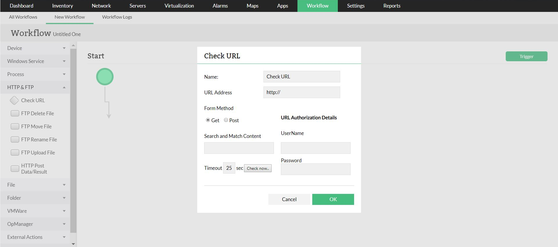 IT Workflow Automation in OpManager: Initiate the workflow automation rules on network faults or as an ongoing maintenance tasks